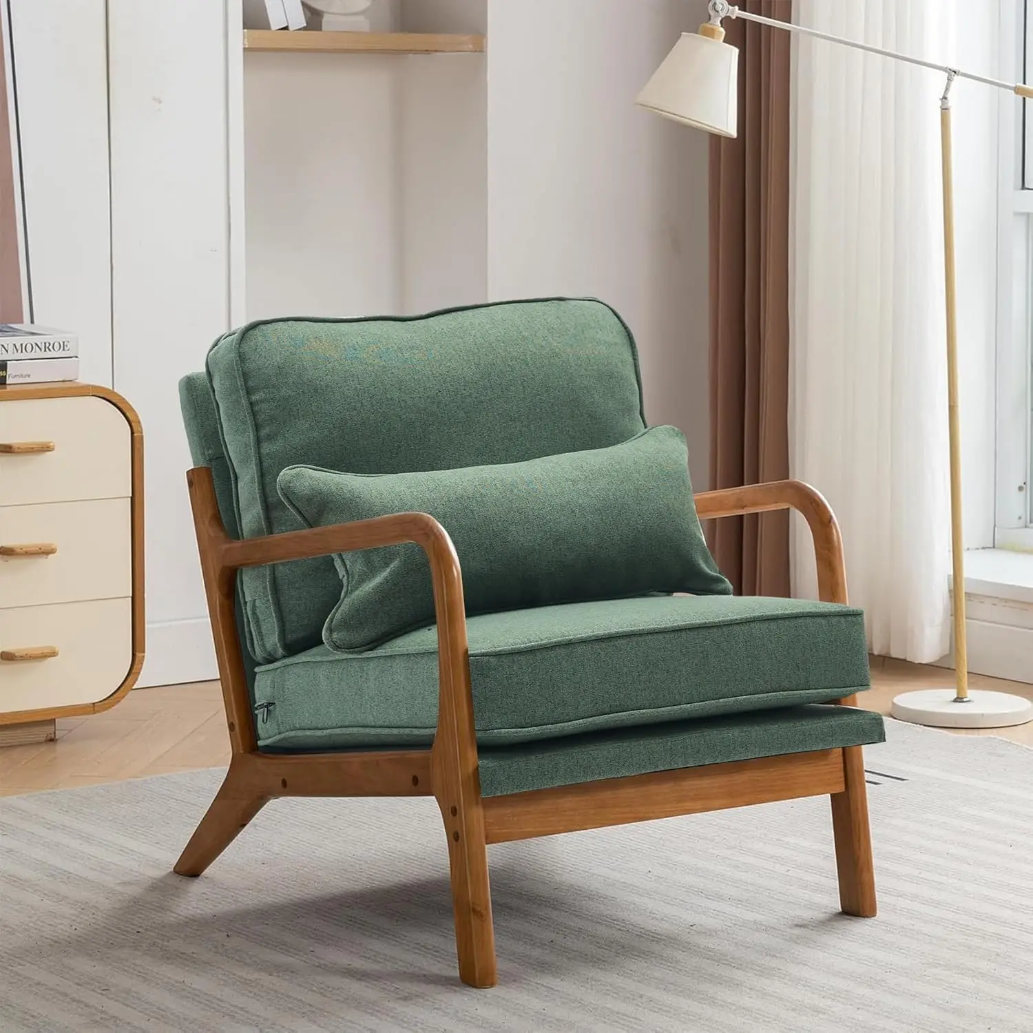 

Century Accent Chair,Linen Fabric Lounge Chair with Wide Armrest,Linen Fabric Armchair with Lumbar Pillow & Solid Wood Frame