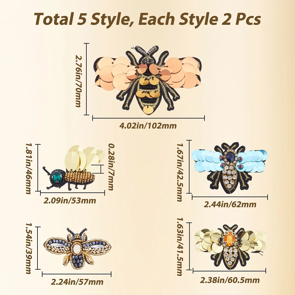10PCS Bees Sequins Rhinestones Bead Patches Handmade Insect Sew on Pearl Patch Clothes Embroidery Applique for Clothing Shoes