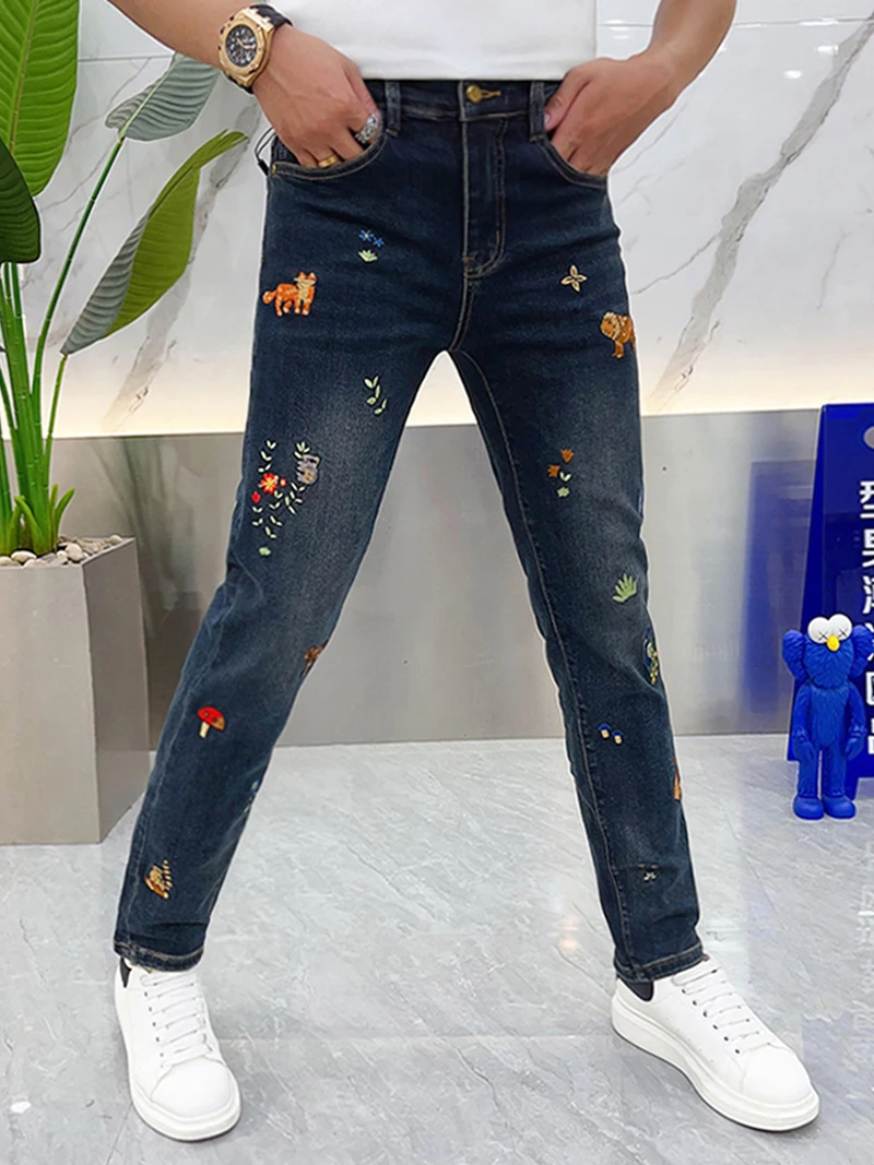 

Sli Embroidered Casual Jeans Men's Trendy Deep Blue Youthful Haome Korean Version Long Pants Autumn Winter Faion