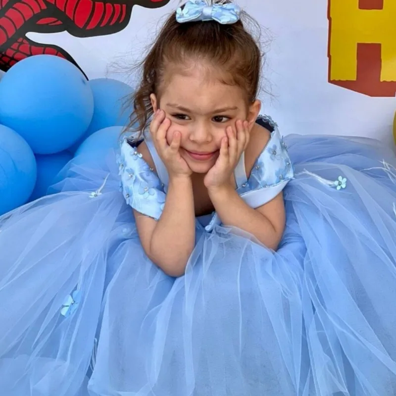 Hellblaue Blumen mädchen kleider Geburtstag Luxus applikationen für Erstkommunion Hochzeit Prinzessin Ballkleid Festzug Kinder Geburtstag