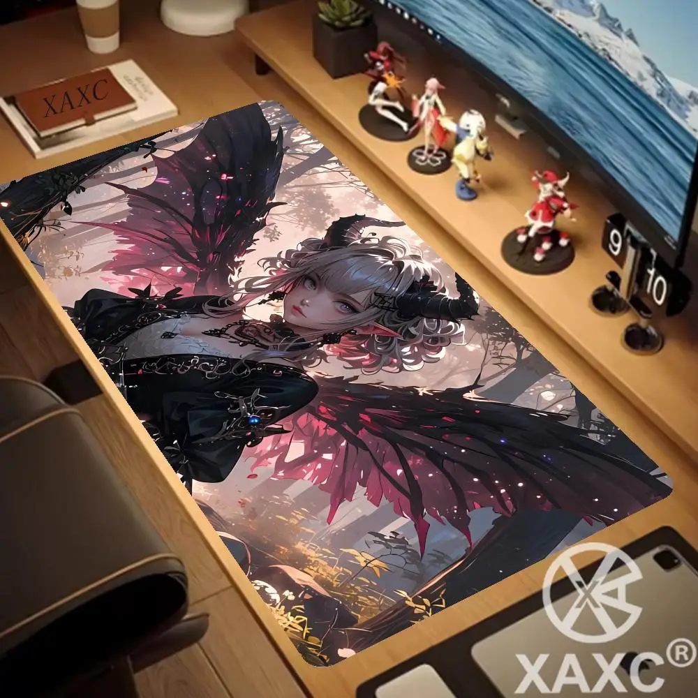 Anime Demon Girl Mouse Pad, Gothic Dark Fantasy, Pink Black Wings, Elf Horns, Large Gaming Desk Mat, Non-Slip Rubber Base XAXC