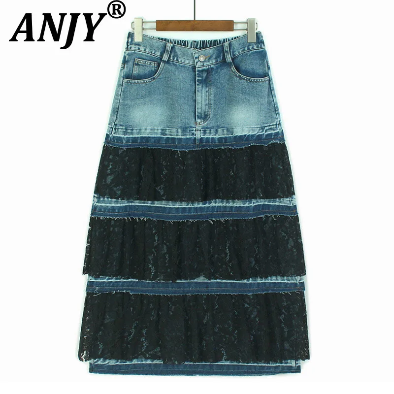 

ANJY Summer New Women Tide Chic Skirt Lace Patchwork Washed Denim Contrast Color Pocket Vintage High Street Stylish Skirts A9316