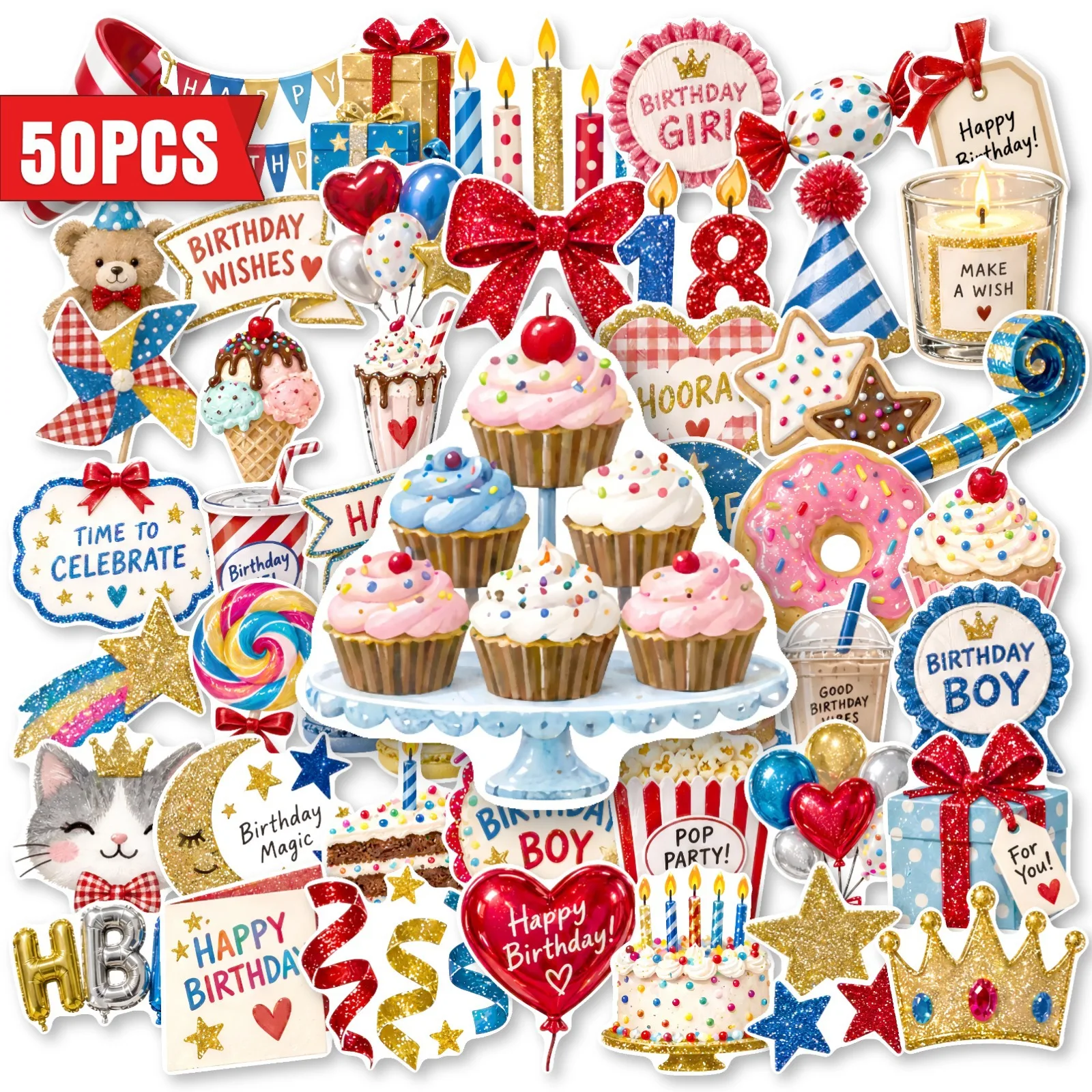 50 PCS Cartoon Happy Birthday Watercolor Cake Candy Stickers DIY Greeting Card & Gift Box & Atmosphere Decoration Vinyl Decals