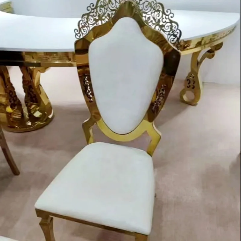 Chaise de mariage en acier inoxydable, meubles en métal, dossier haut, cadre doré, luxe, rembourré, empilable, personnalisé, mariage romantique