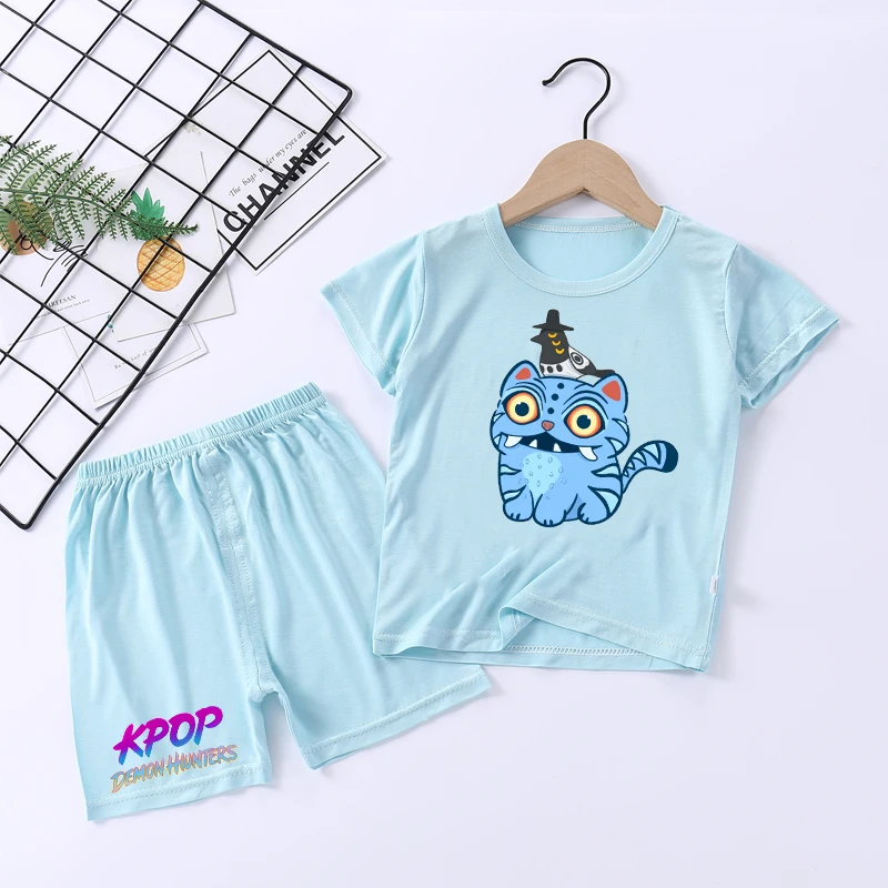 Kpop demon hunters criança pijamas conjunto meninos meninas anime impressão manga curta terno de duas peças dos desenhos animados verão casual homewear crianças presente