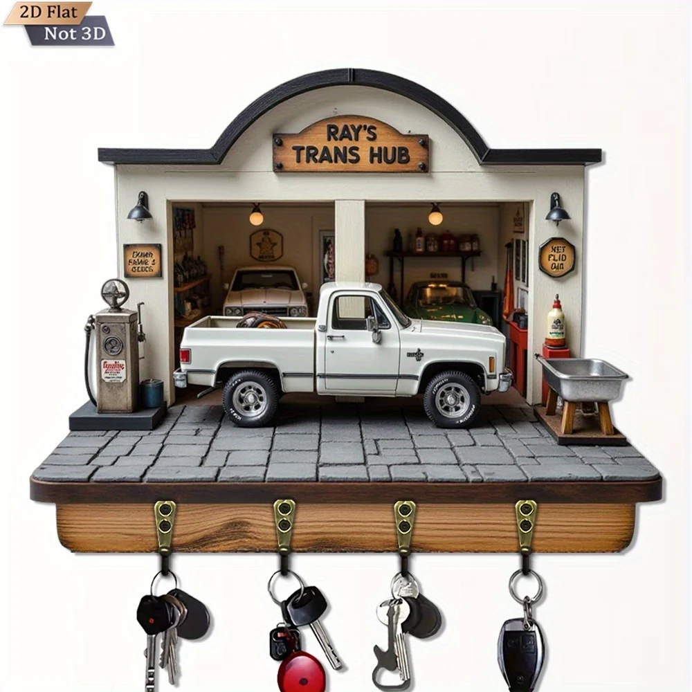 2D Flat, 1pc,  garage  key hook wooden multifunctional home key rack, with four metal hooks, wall decor, porch decor, room