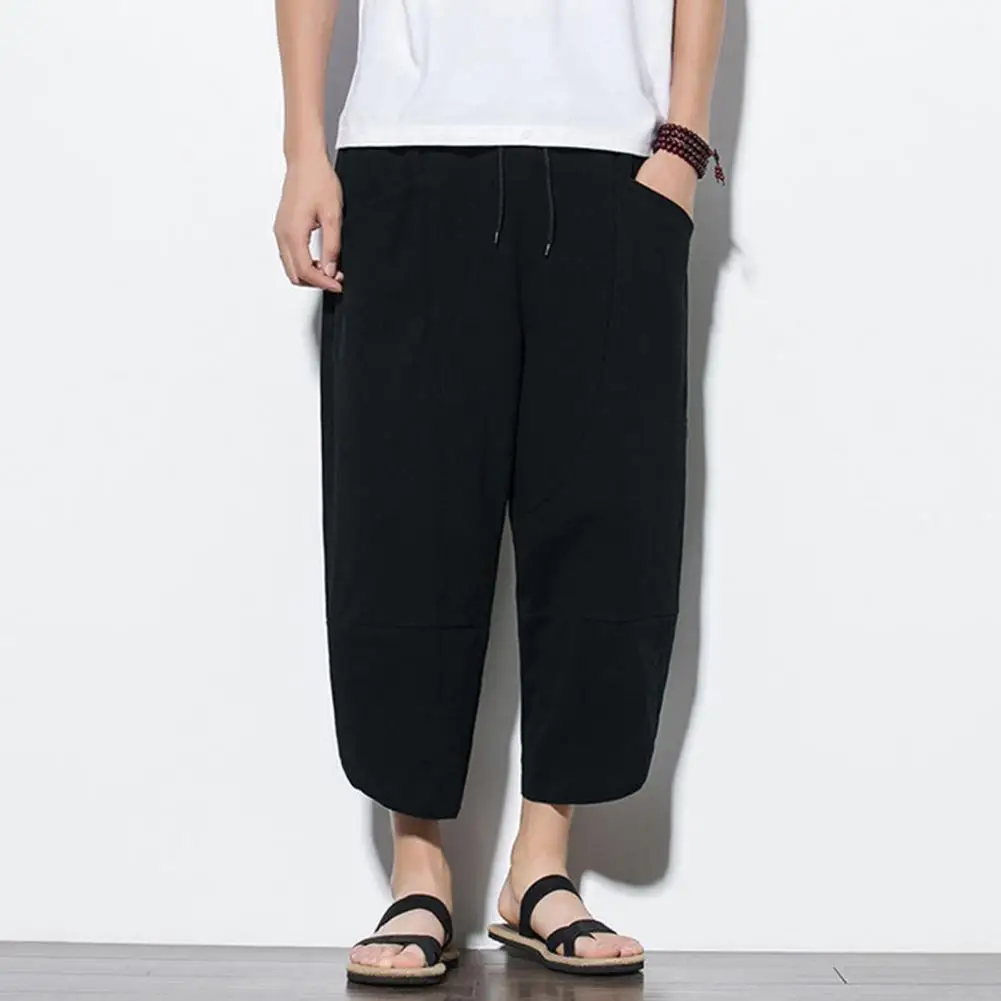 Men Wide Leg Cotton Linen Pants Harajuku Summer Loose Calf Length Harem Trousers Irregular Hem Men Trousers Sports Sweatpants