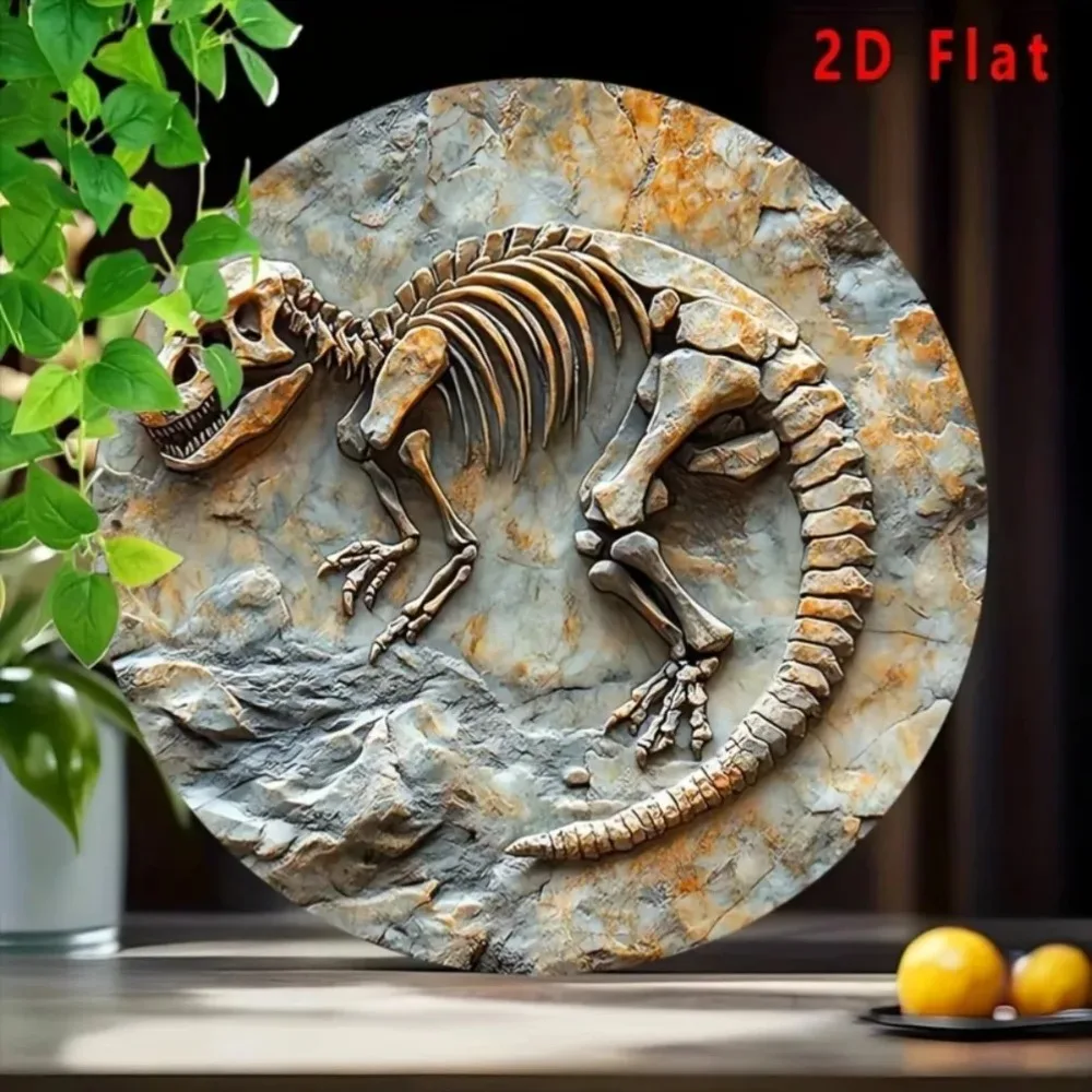 2D Flat Dinosaur Fossil Skeleton Round Metal Tin Sign - Prehistoric Jurassic Themed Wall Decor, Rustic Paleontology Art for Kids