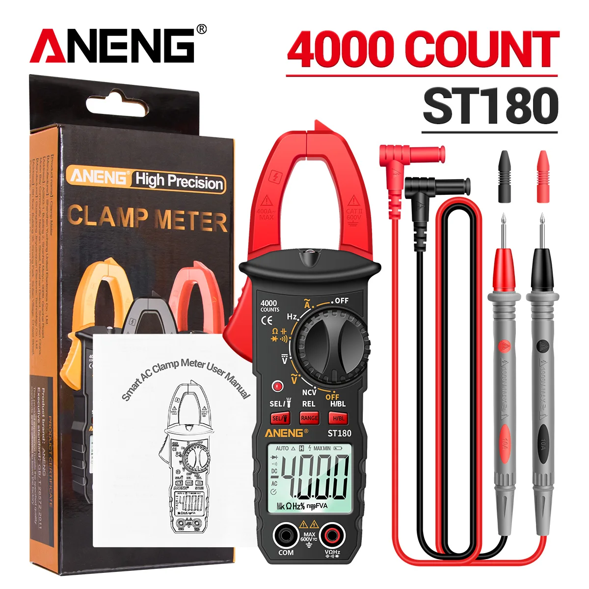 ANENG Multimeter jepit pintar ST180, alat arus AC/DC 600V, pengukur tegangan, Tang Ammeter tes Voltmeter kapasitansi Ohm