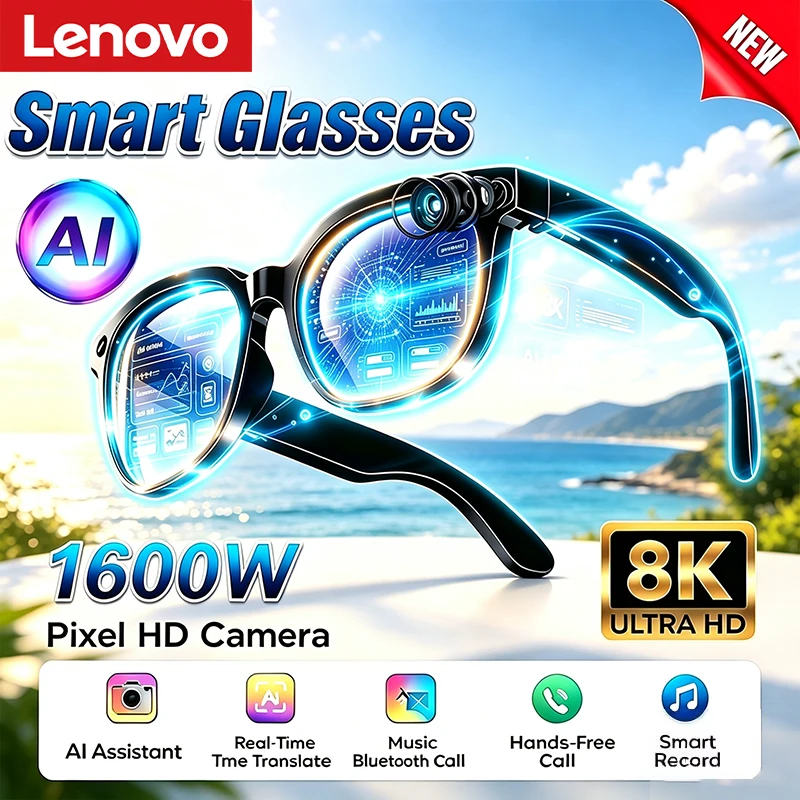 Lenovo AI Smart Glasses 1600W 8K HD Camera Language Translation Calling Voice Assistant Adults Bluetooth Glasses Sunglasses New