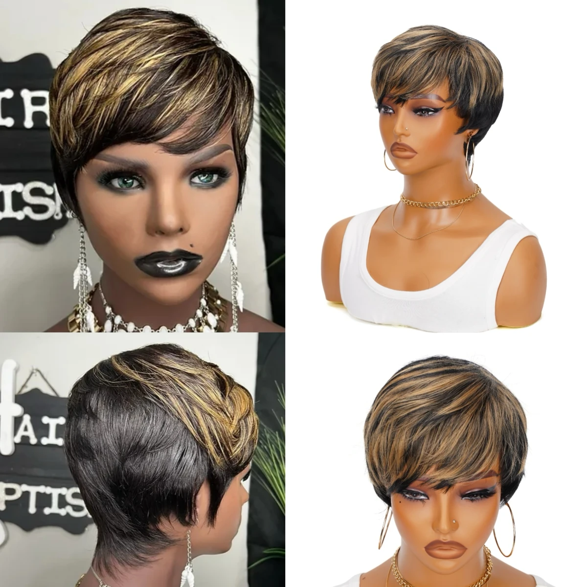 Ombre Black Blonde Honey Gold Highlight Synthetic Cheap Wigs Short Straight Pixie Cut Hair Bob Wig Hair For Black Woman