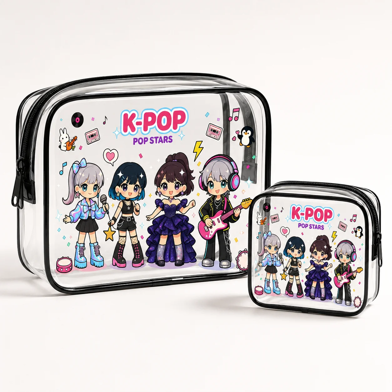 Clear Cosmetic Bag Cute Kpop Cartoon Transparent Storage Bag for Travel Toiletries Makeup Organizer Waterproof Zipper Pouch