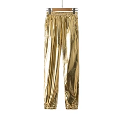 Pantalones de correr dorados para hombre, moda de lujo de otoño, cintura elástica, discoteca, Cosplay, ropa de calle Punk, pantalones de chándal ligeros brillantes