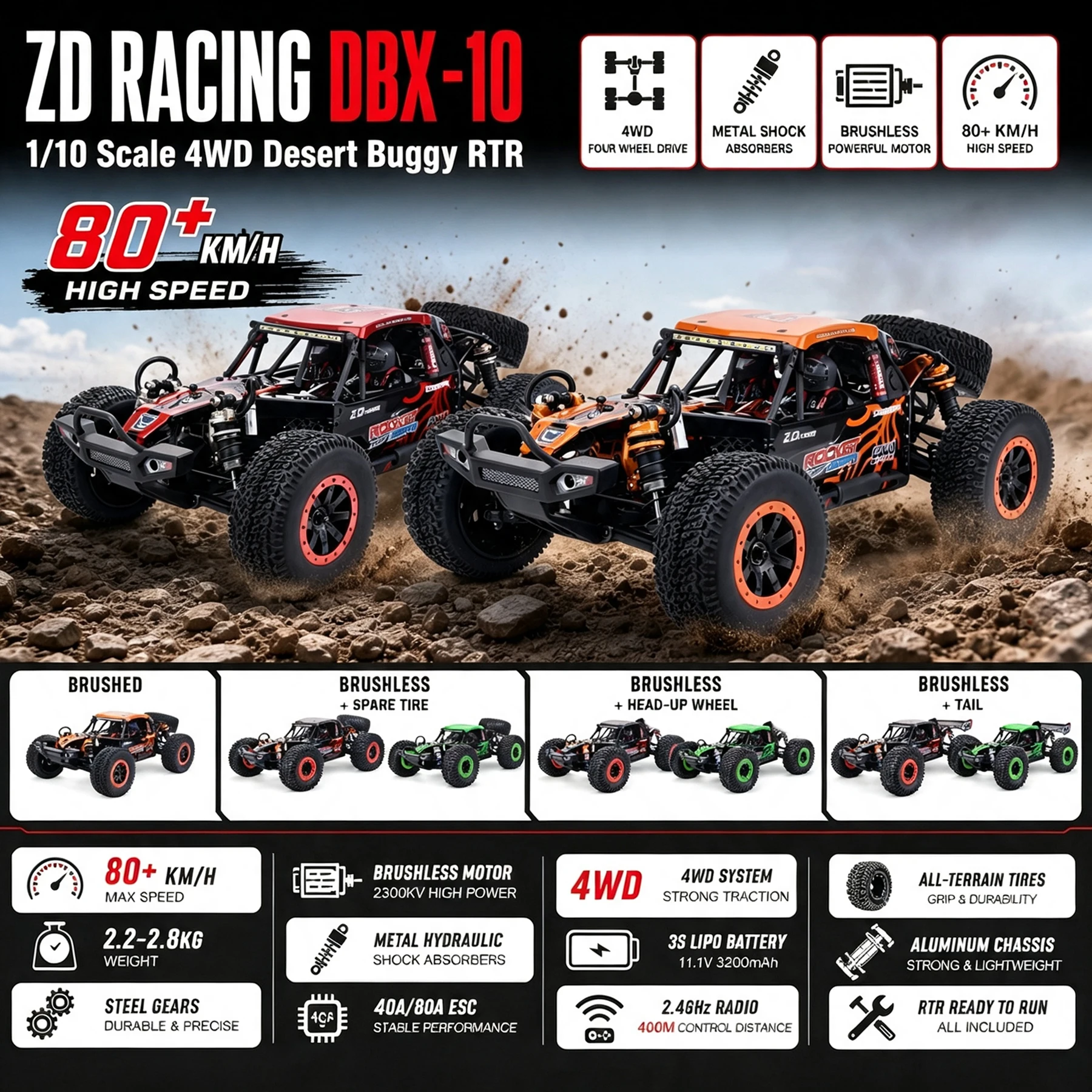 ZD Racing DBX-10 1/10 4WD 2.4G Brushless/Brushed Desert Truck 80km/h High Speed for Remote Control Off-Road Buggy Car Boys Toys