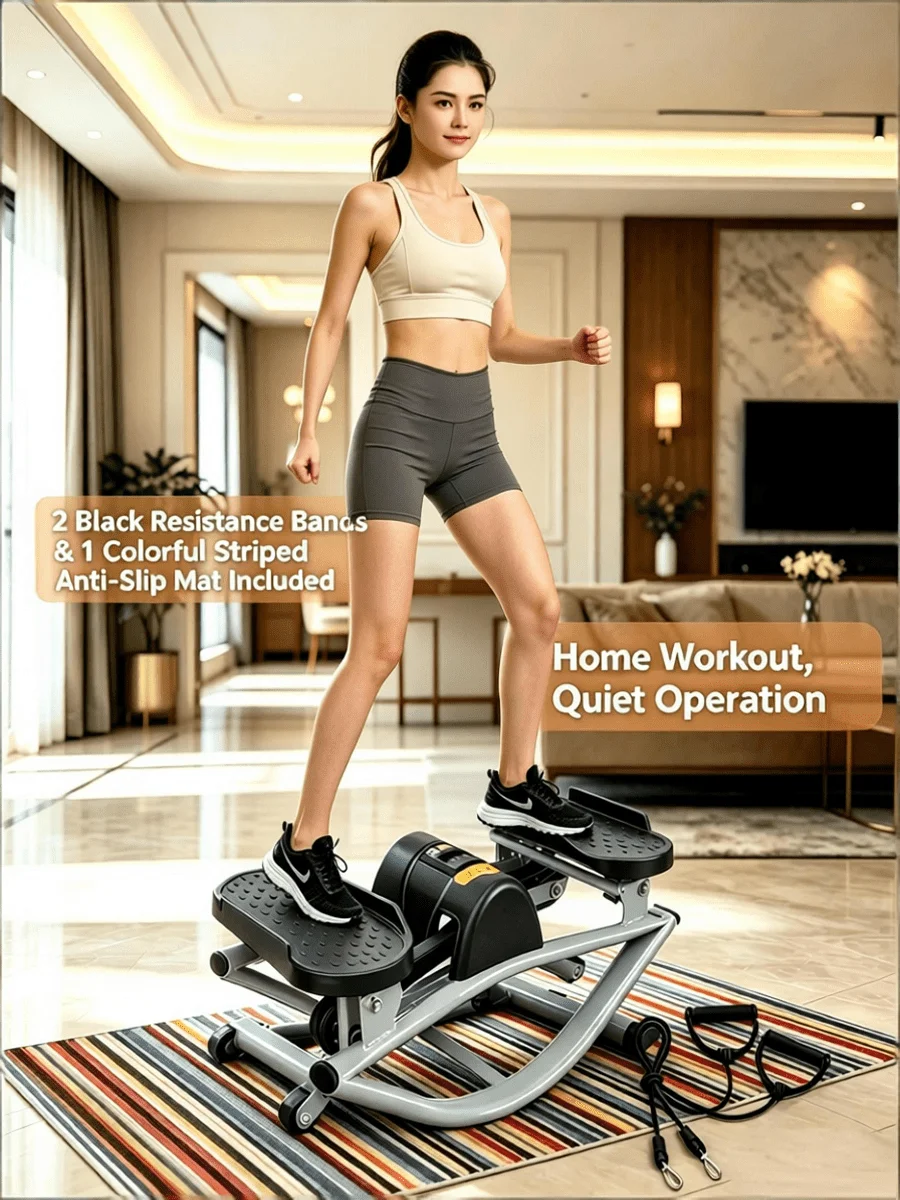 1PC Rocking Twist Stepper With 2 ResiBands & Anti-Slip Mat, Low Impact Quiet Mini Step Machine, Silver Black Metal Portable Home