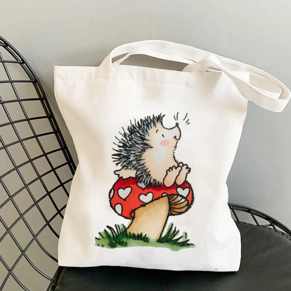 Cute Hedgehog Red Heart Mushroom Print Canvas Tote Bag Soft Handbag For Picnics Parties And Handbags Gift