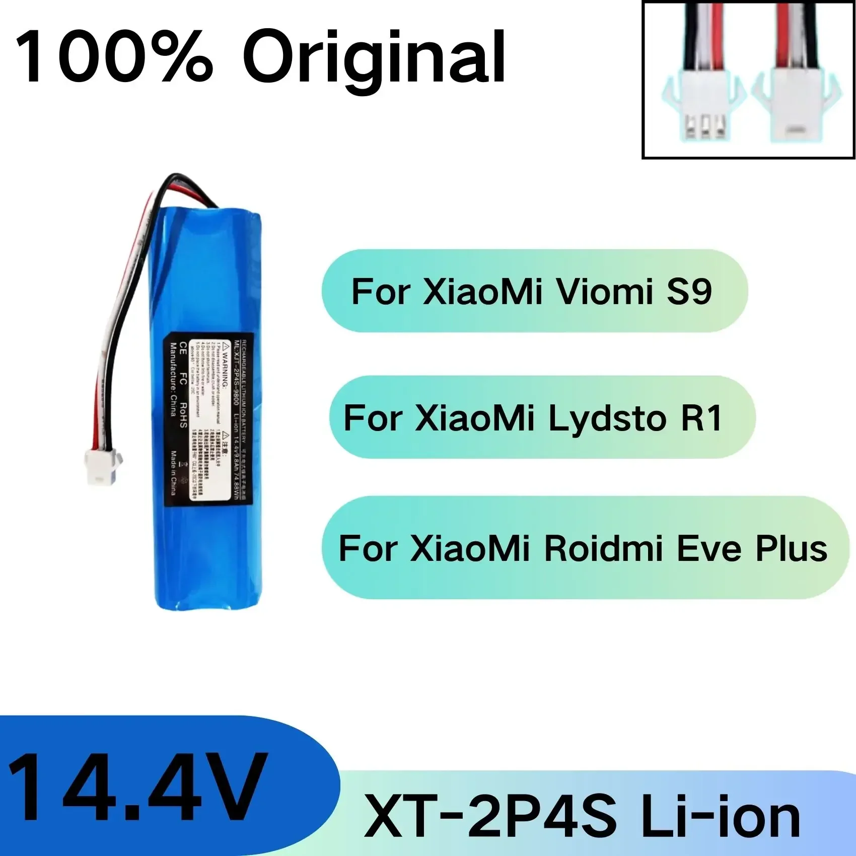 2024 100% originale per XiaoMi Viomi S9 Lydsto R1 Roidmi Eve Plus 14.4V batteria al litio 2 p4s 5200mAh 6800mAh 9800mAh 12800mAh