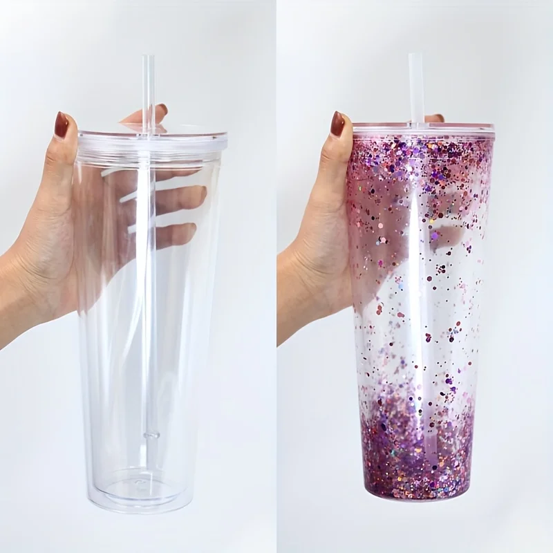 2PC DIY Glitter Tumbler Cup with Straw Sparkly Water Bottle Customizable Reusable Craft Kit for Kids Teens Summer Gift Party Fun - view 3