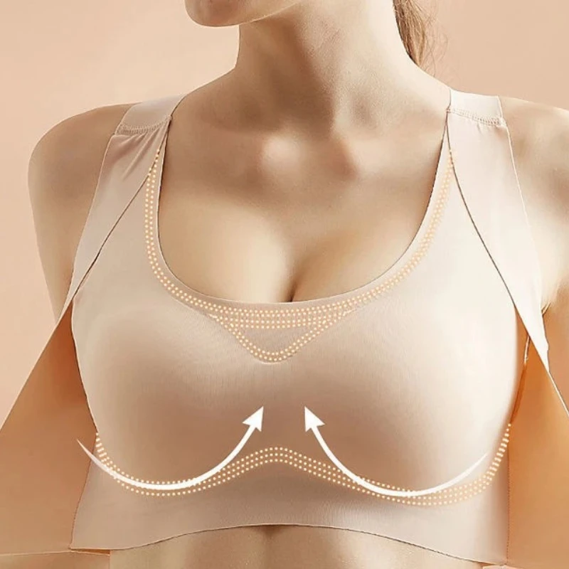 夏用アイスシルクシームレス通気性下着 ワイヤーなしフロントクロージャー プッシュアップ姿勢矯正美背ブラ