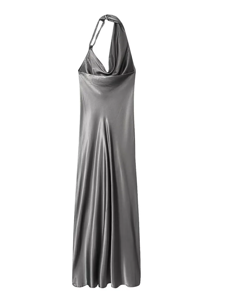 المرأة مثير فستان ستان 2025 جديد إمرأة موضة بلا أكمام فستان بدون ظهر المرأة سلسلة معدنية الديكور التجاعيد الرسن فساتين