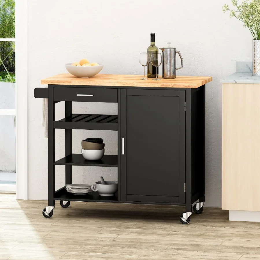 Kitchen Island Cart with Solid Wood Top Mobile Carts with Storage Cabinet Rolling Kitchen Table with Spice Rack Towel Rack and