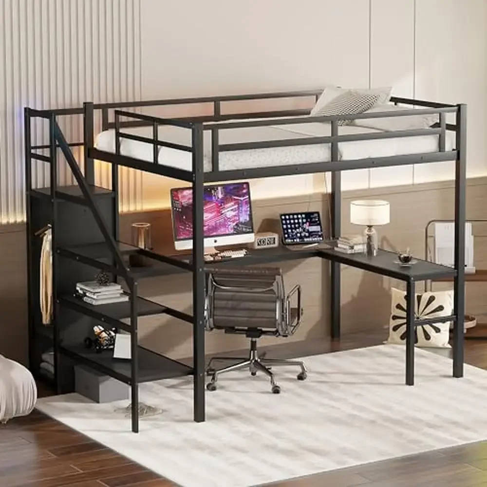 Full Size Metal Loft Bed with L-Shaped Desk and LED Lights Charging Station Wardrobe Adjustable Shelf Kids Loft Bed Rack Metal