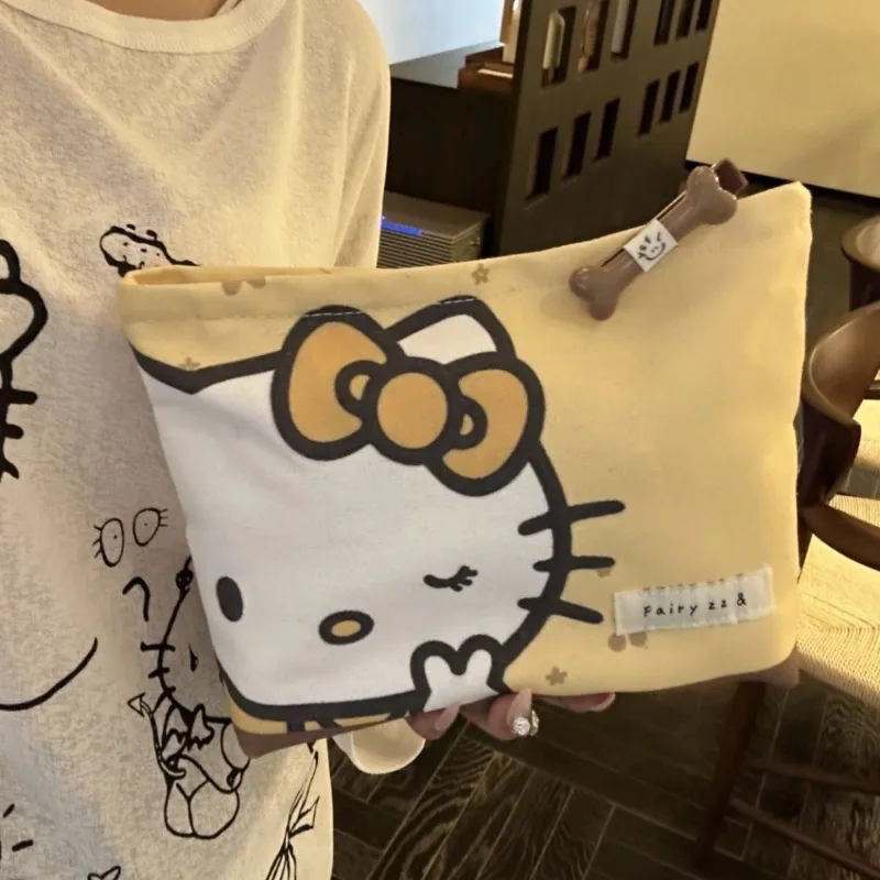 Kawaii sanrio olá kitty dos desenhos animados portátil grande capacidade bonito lona saco de maquiagem saco de armazenamento viagem fone de ouvido bolsa moeda
