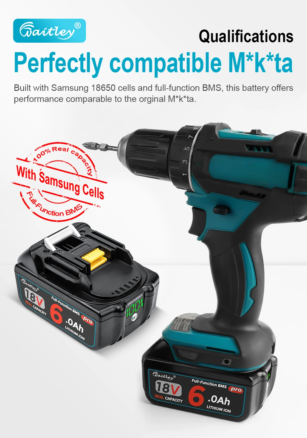 2 Stück Waitley Battery Pro für Makita 18 V Elektrowerkzeuge BL1860 wiederaufladbare Batterien mit Samsung-Zellen/Ersatzzubehör – Detail 4