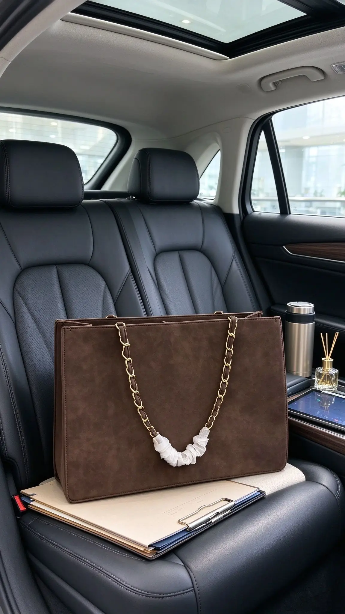Women Vintage Suede Tote Bag Solid Color Large Capacity Gold Chain Strap With Ruched Silk Scarf Decoration