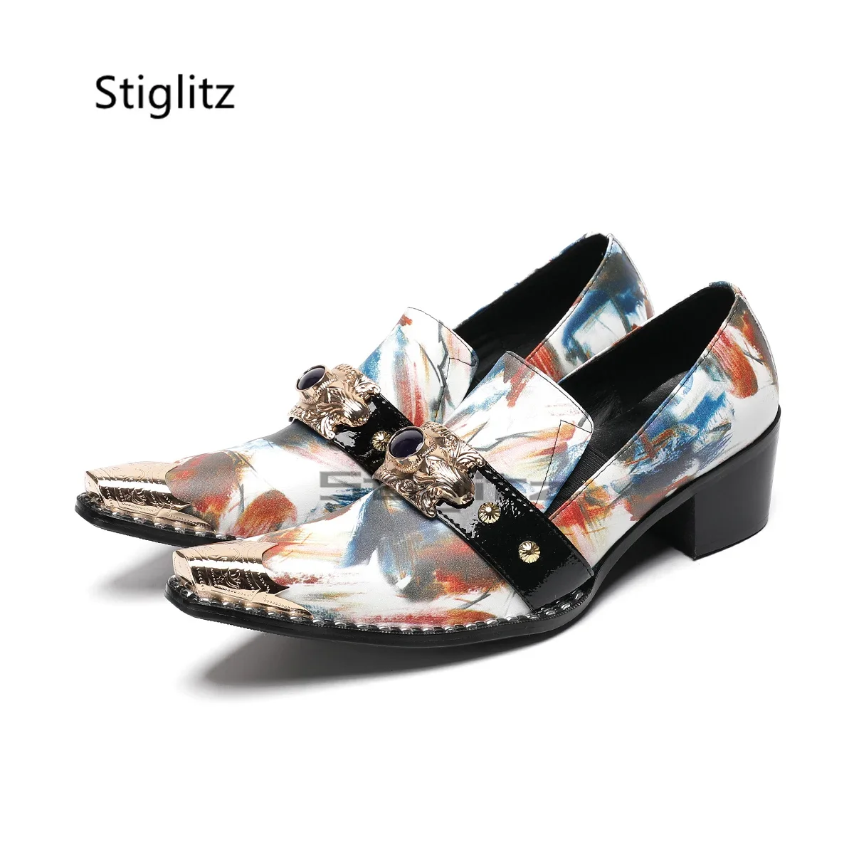 Prints Graffiti High Heels Men's Shoes Genuine Leather Pointed Metal Toe Slip-On Shoes Dress Stage Party Shoes Buckle Loafers