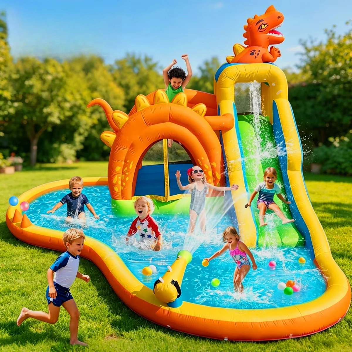 Dinosaur Inflatable Water Bounce House Heavy Duty Oxford Cloth Backyard Inflatable Play Castle for Summer Outdoor Party