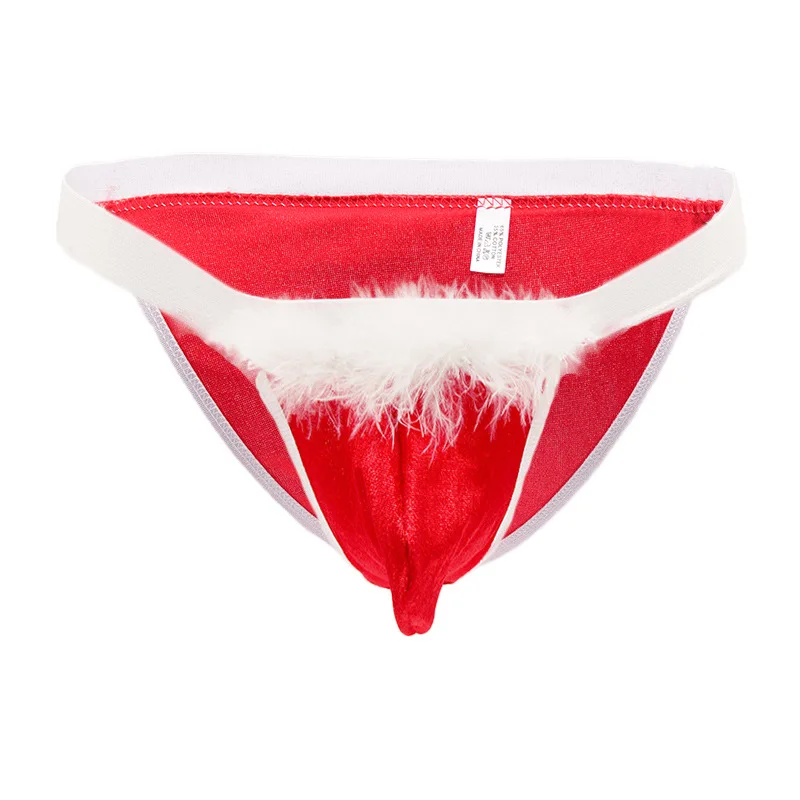 Velvet Men's Erotic Underwear Christmas Red Sexy Triangle Panties White Fur Smooth Male Low Rise Briefs Nightclub Gifts for Man