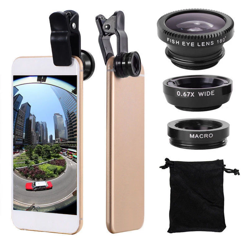 3 in 1 Fisheye Phone Lens 0.67x Wide Angle Zoom Fish Eye Macro Lenses Camera Kits With Clip Lens On The Phone For All Smartphone