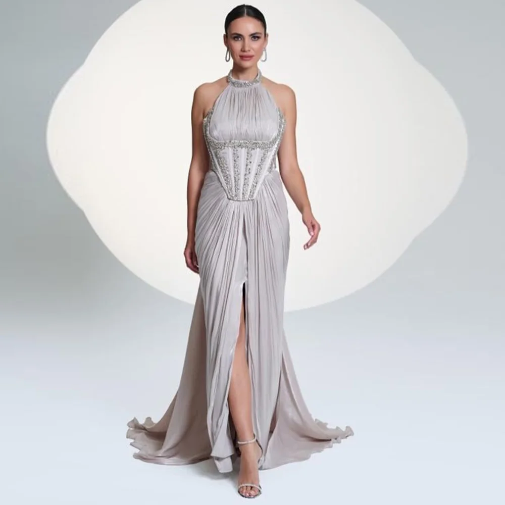 

Customized Elegant Halter Sleeveless Evening Dress Mermaid Front Fork Celebrity Gowns Sparkly Crystal Court Train Party Dress