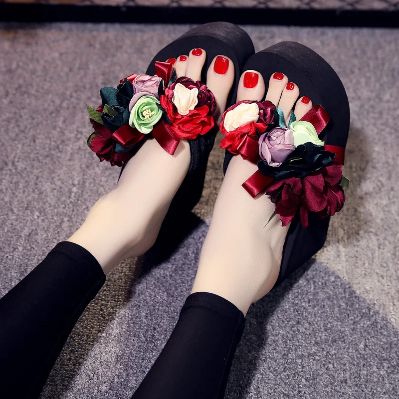 Flower Slippers Women Summer Rubber Flip Flops On A Wedge Slides High-Heeled Shoes Lady Shale Female Beach Fashion Platform Med