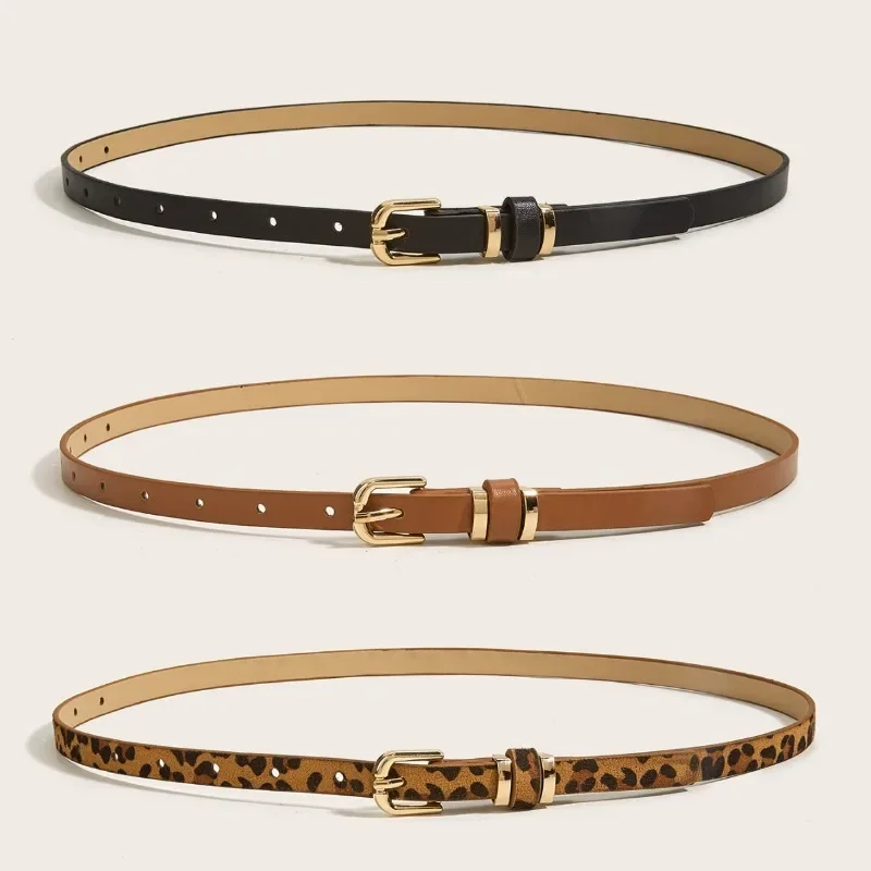 Fashion Trend Leopard Print Leather Thin Belt for Women Metal Buckle Waist Strap Designer Female Trouser Dress Coat Decoration