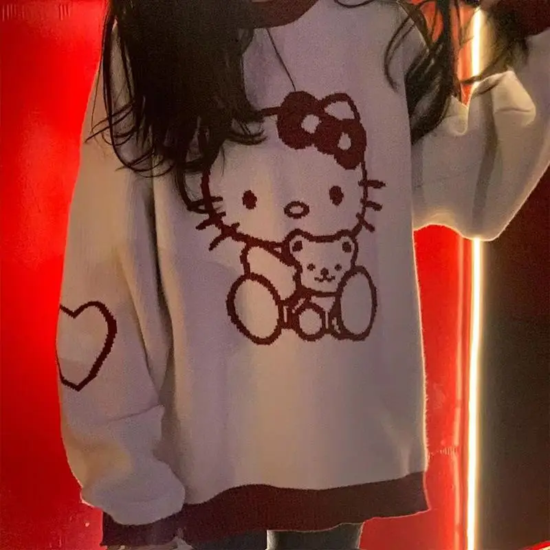 Kawaii Hello Kitty Sweater Hoodie Sanrio Female Autumn Wear Pullovers Loose Top Korean Sweater Women Fashion Long Hello Kitty