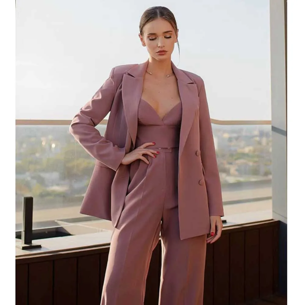 New Arrival Smart Pink Suits for Women Notch Lapel Two Piece Jacket Pants Female Clothing Slim Fit Office Lady Blazers Sets