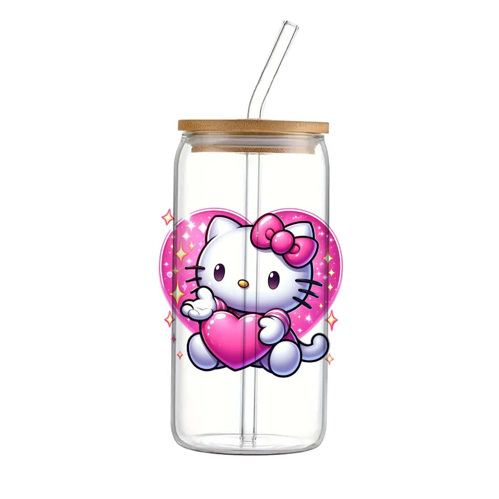 Pink cute Sanrio Hello Kitty For Libbey 16oz Can Glass 3D Waterproof UV DTF Coffee Can Wrap Libbey Glass Wrap 11x11cm