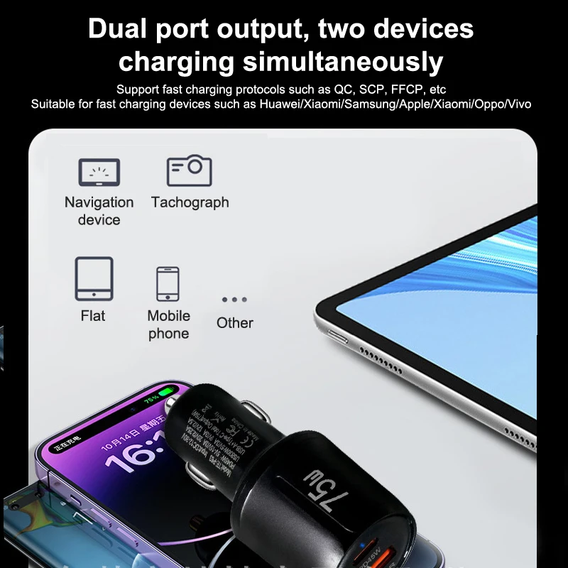 75W USB Type-C Car Phone Charger PD USB-C Fast Charging Power Adapter For Truck Vehicles For IPhone For Samsung Huawei Xiaomi