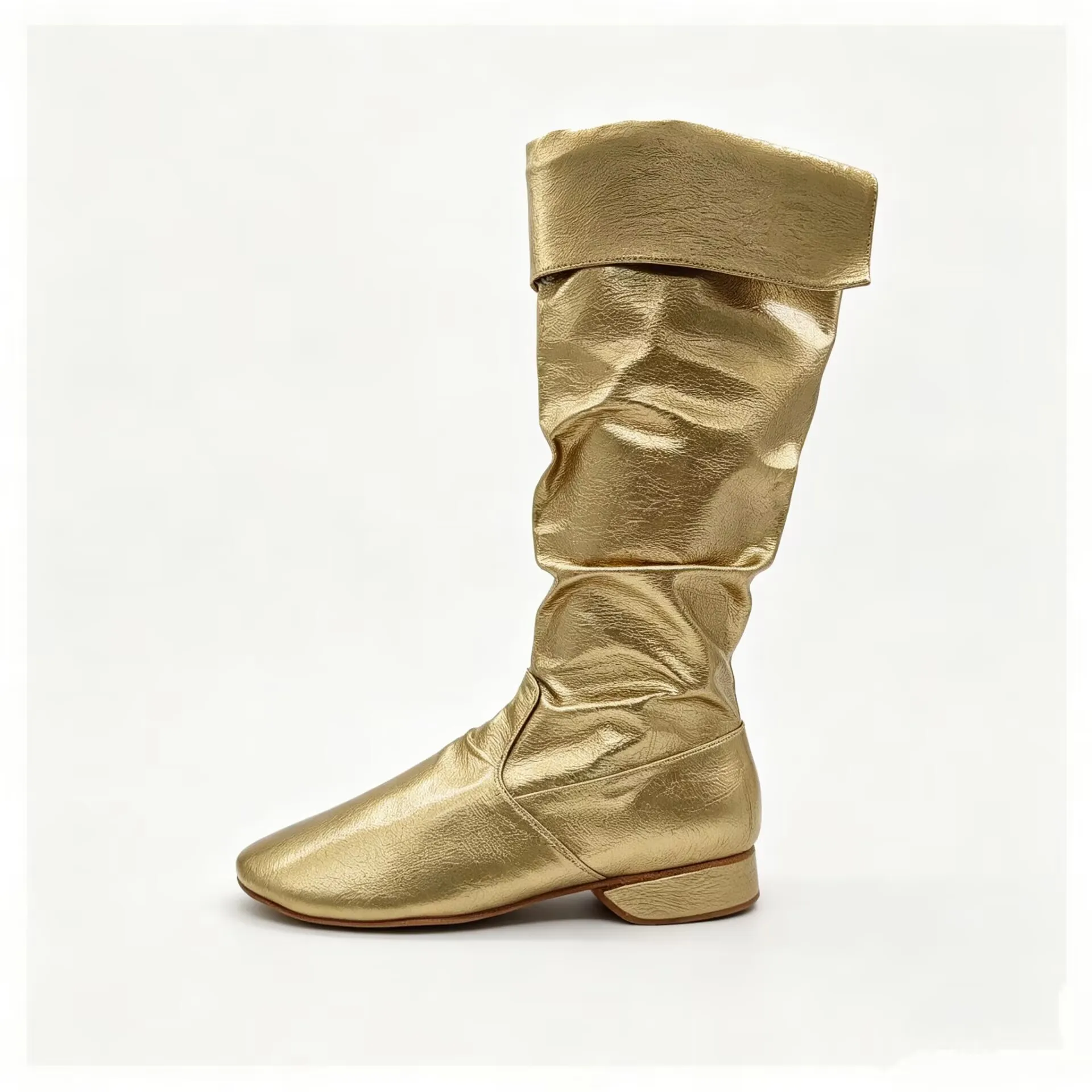 Evk Women's Metallic Gold Knee-High Dance Boots Low Heel Ruched Slouchy Latin Salsa Ballroom Dancing Sandal Footwear for Parties