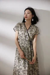 2024 Summer Ramie Cotton Print New Vintage Lace Up Dress Women V Neck Casual Loose Thin Vacation Comfortable Clothes X1257