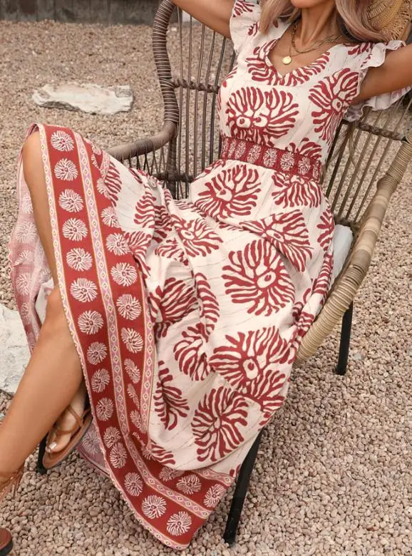 

Women Dresses 2026 Spring Summer New Retro Geometric Floral Print V-Neck Short Sleeve Waist Cinching Casual Vacation Long Dress