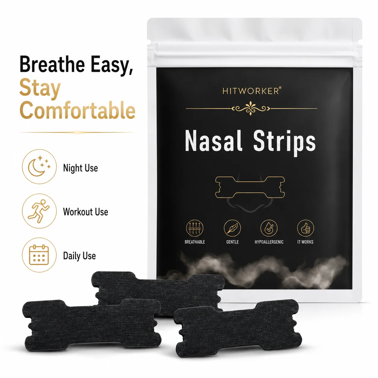 Black Nasal Strips, Comfortable Nose Strips for Easier Breathing, Easy to Apply, Gentle Fit for Night & Daily Use