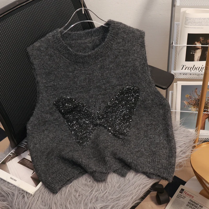 

Autumn Winter Layered Sleeveless Sweater Vest New Sequin Back Split High-End Knitted Vest Women'S Top