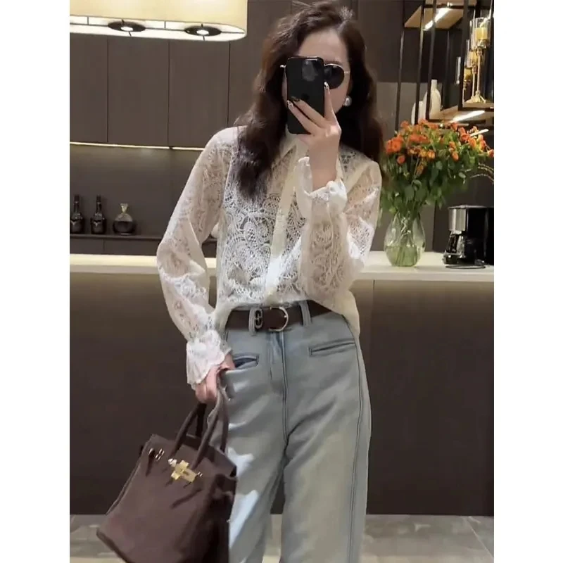 

Ele Long Sve Lace irt Women's Loose Fit Collar Base Layer Top Autumn Winter New Sle Casual Faion Ladies' irt