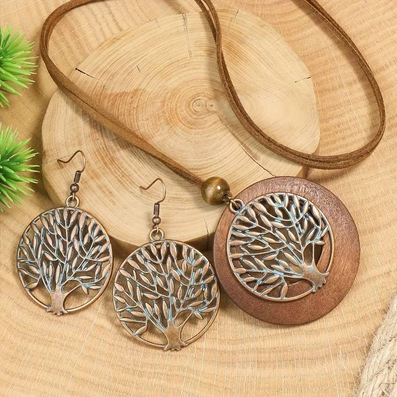 Boho Vintage Pendant Earrings/necklace Set Retro Life Tree Hollow Earrings Necklace Bohemian Jewelry Set Accessories Wholesale