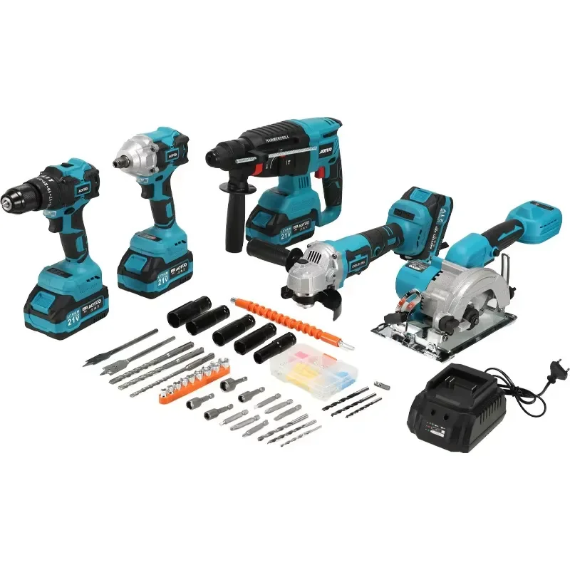 21V Brushless Lithium Battery Power Tool Kit with Electric Hammer Angle Grinder Electric Wrench Drill-Hard Case