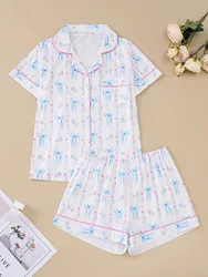 Bow print can be worn on women's pajamas lapel button short sleeved tops and loose shorts women's home wear