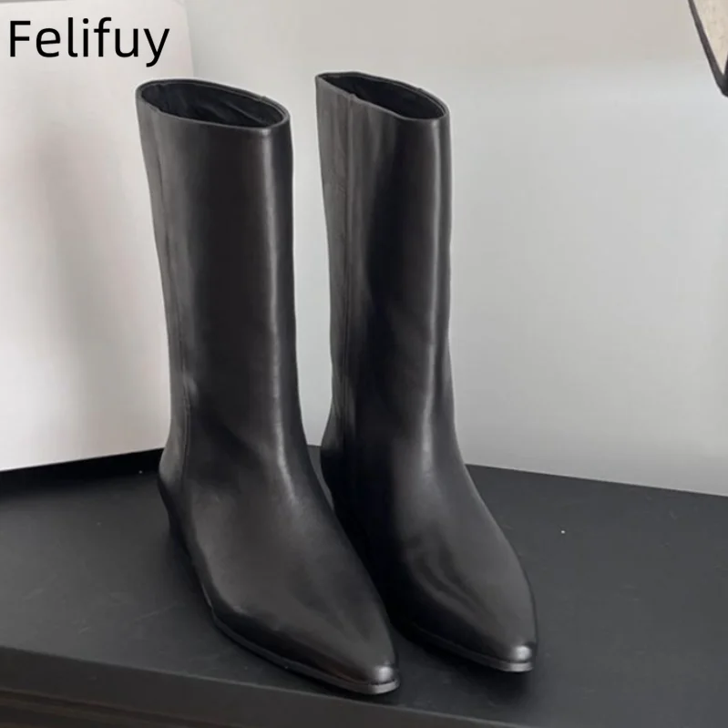 Botas de bezerro largas retrô para mulheres, couro genuíno, deslizamento, sapatos de lazer confortáveis soltos, botas curtas, antiderrapantes planas, botas de inverno elegantes